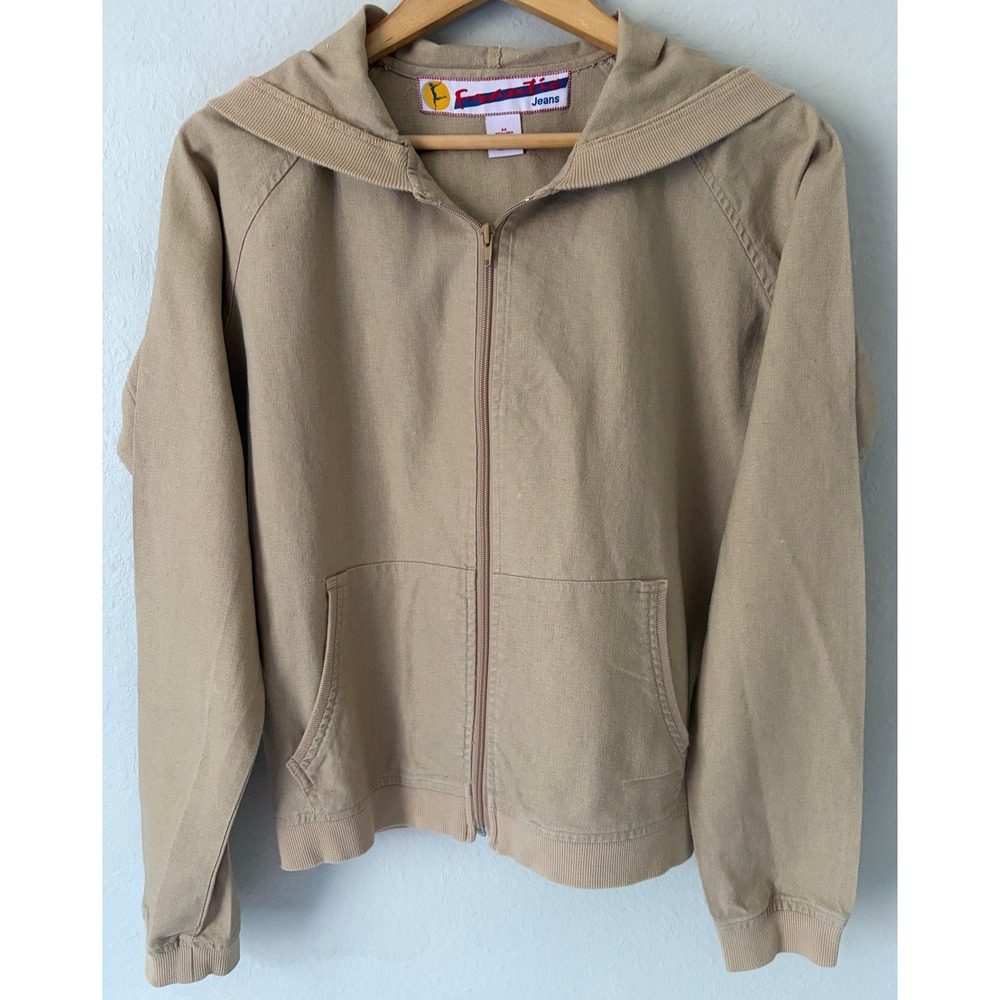 Vintage Frantic Jeans Women Tan Linen Blend Zip Up Hoodie M Casual Light Jacket